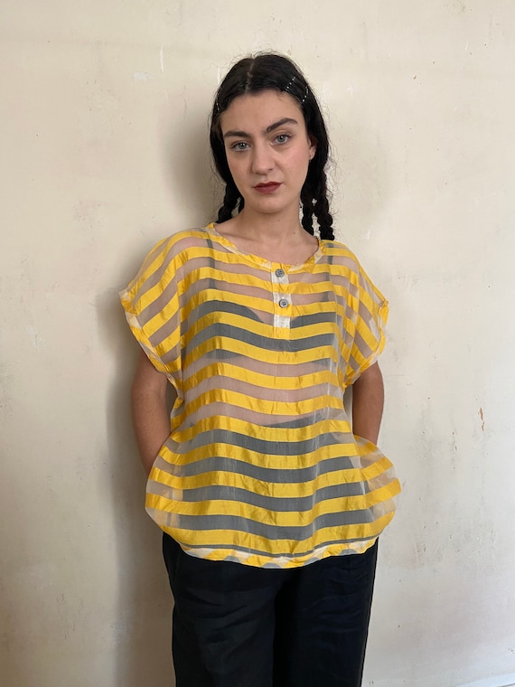 1980s Chantal Thomass sheer & yellow striped silk… - image 1