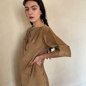 1970s Ted Lapidus brown corduroy tent dress, lace up front, logo embroidery, side pockets / small medium Bild 5