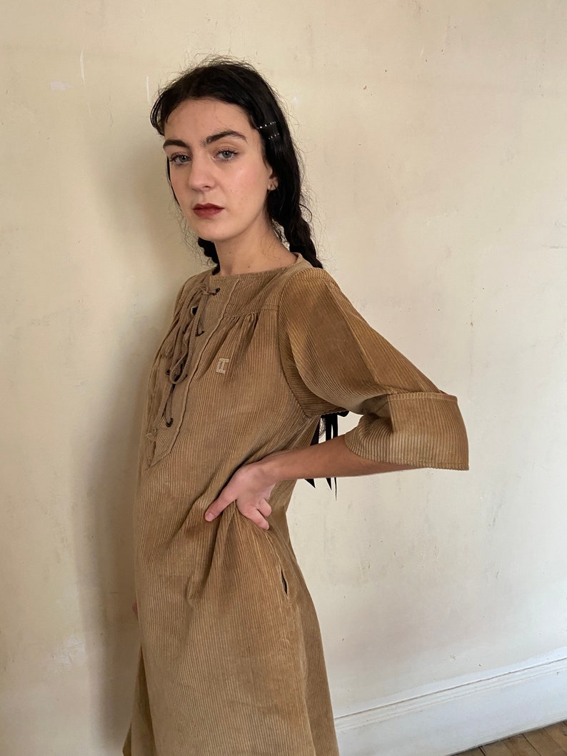 1970s Ted Lapidus brown corduroy tent dress, lace up front, logo embroidery, side pockets / small medium Bild 5