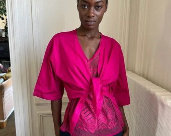 1980s Iceberg by Castelbajac blouse, orchid pink cotton and lace front panel with characters on a boat