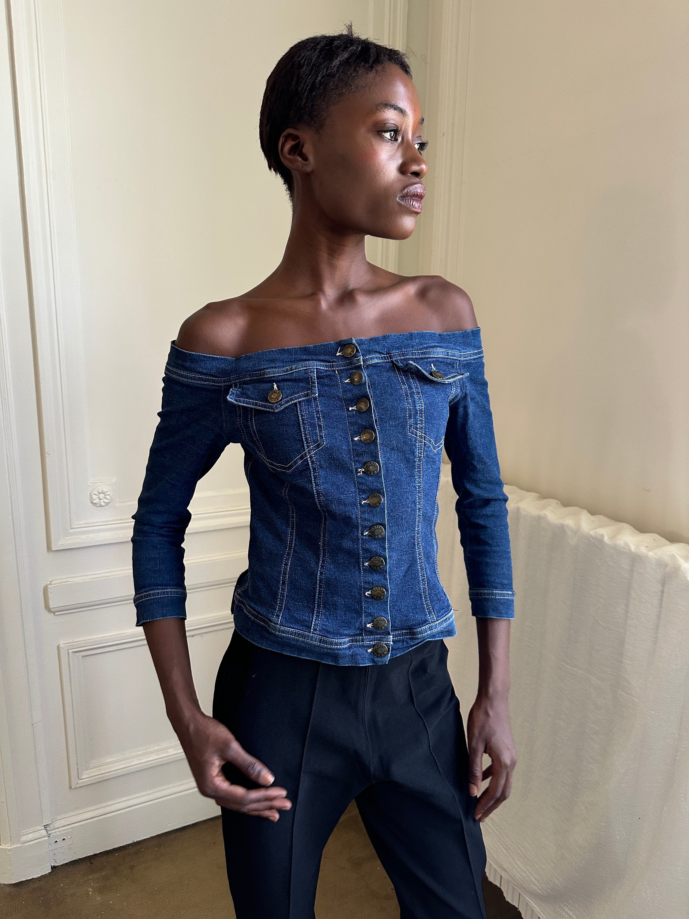 Off the shoulder jean top sale