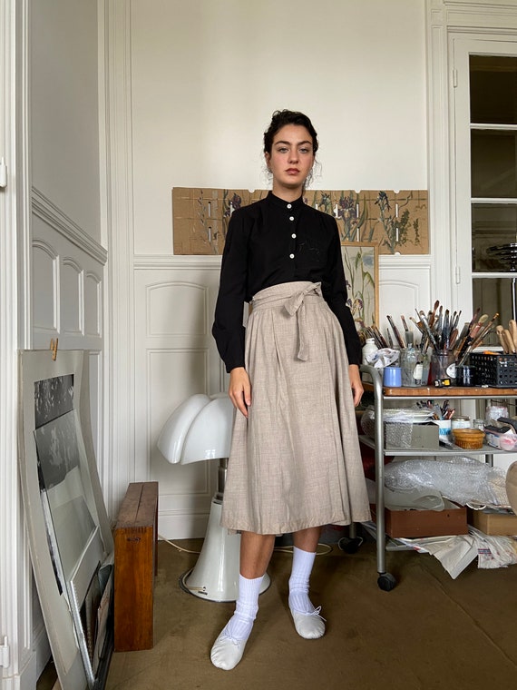 1970s Kenzo beige flannel wrap on midi skirt / sma