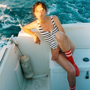 1990s Jean Paul Gaultier Junior sailor striped bodysuit, buttoned on front / extra small - small