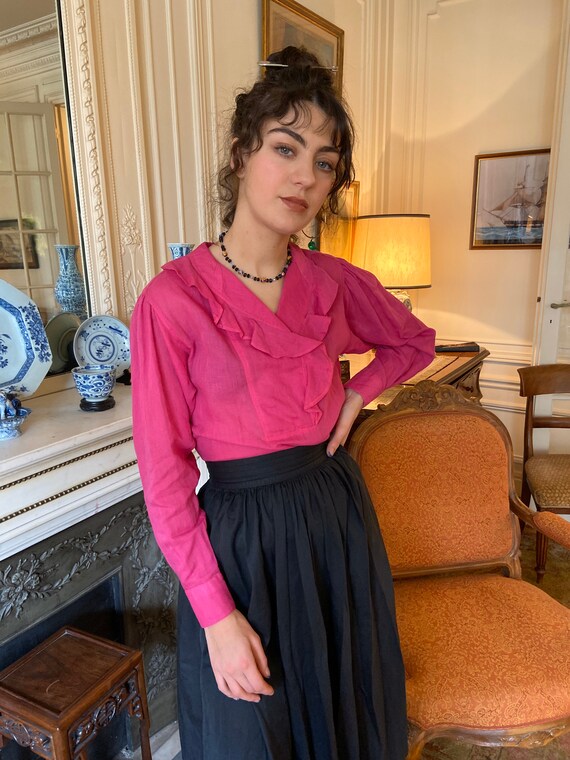 1970s Kenzo hot pink ruffled collar blouse, long s