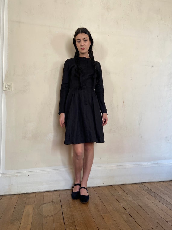 1980s Claude Montana black linen dress, snap fast… - image 1