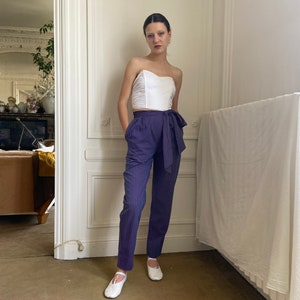 1970s Christian Aujard purple striped high waisted pants, long ties at waist, side pockets / extra small