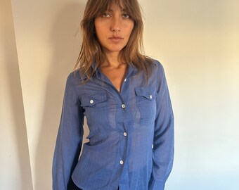 1970s french boutique label Franck Olivier blue shirt, big chest pockets, long sleeves / extra small