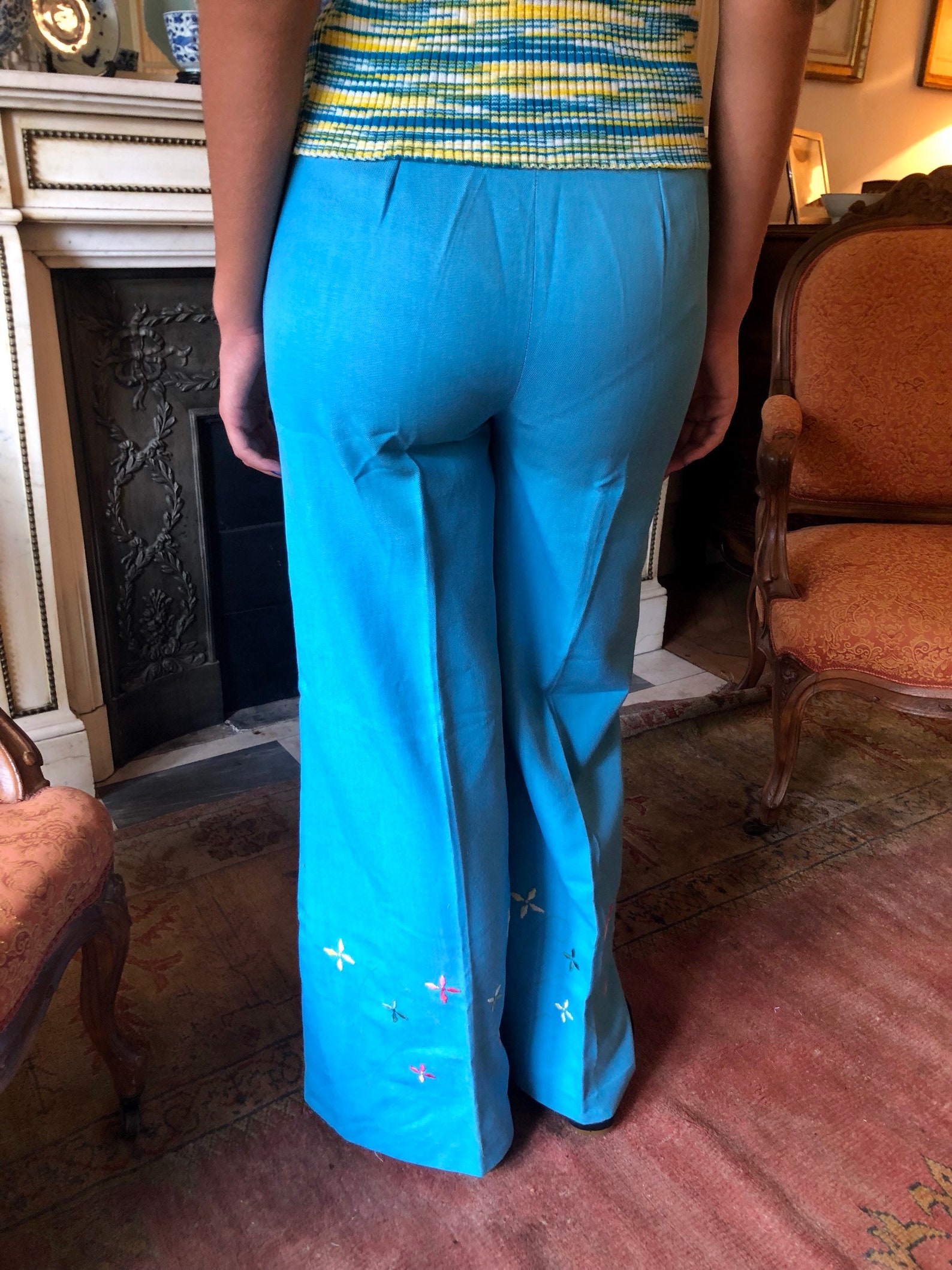 1970s Light Blue Bell Bottoms Very Wide Leg Floral Etsy