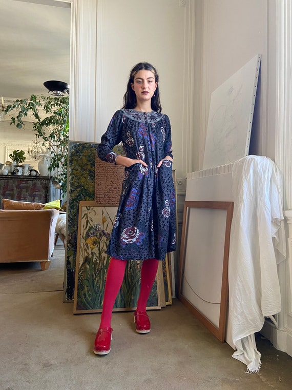 70s Black Floral Beaded Indian Dress Long Sleeves Pockets / Etsy