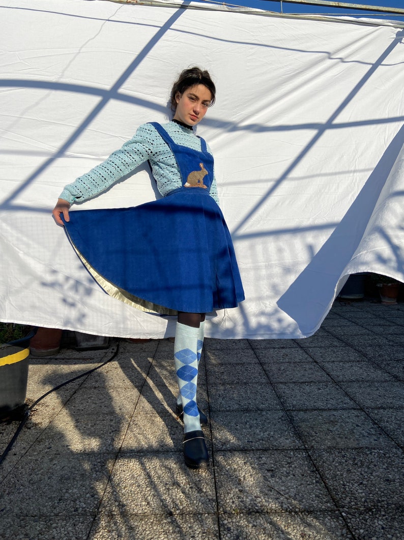 1940s 1950s handmade blue corduroy pinafore dress, rabbit chenille patch on bib / extra small image 1