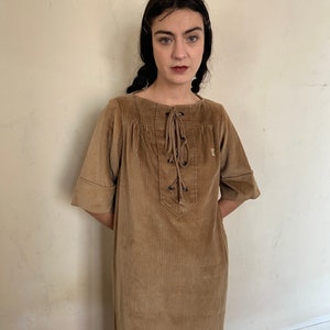 1970s Ted Lapidus brown corduroy tent dress, lace up front, logo embroidery, side pockets / small medium Bild 4