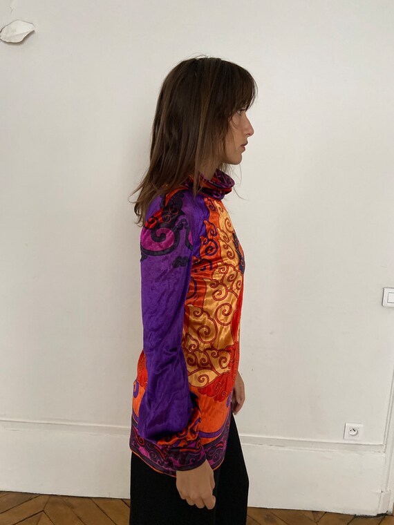 1970s Léonard velvet tunic blouse, colorful print… - image 2