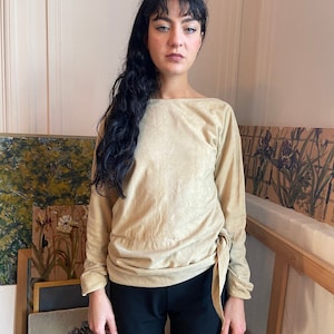 1970s Yves Saint Laurent Rive Gauche beige suede blouse, zipper and ties on the side, long sleeves