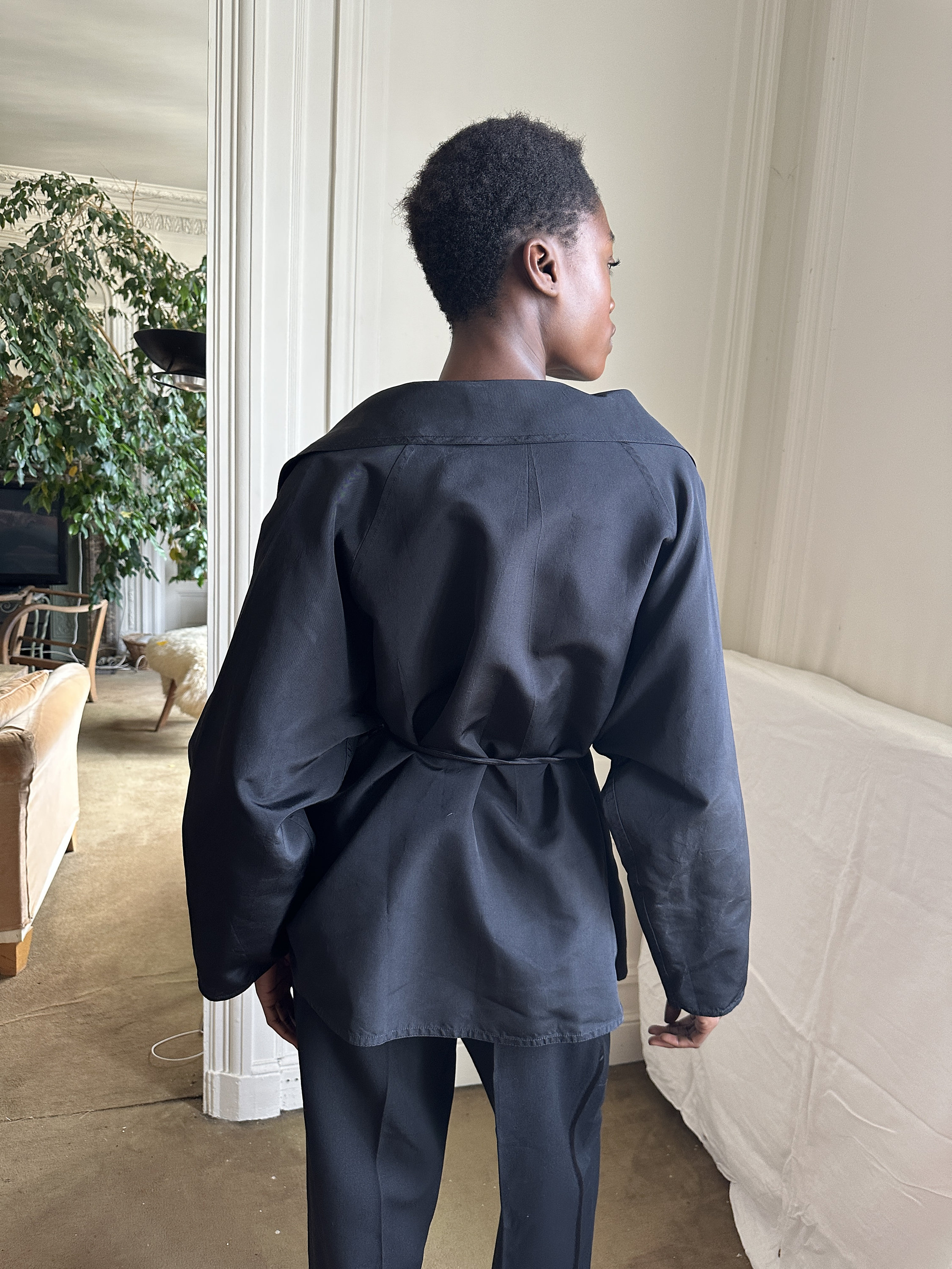 1990s Zoran Black Silk Twill Jacket, Open Fit, Thin Black 1990s Zoran Black Silk Twill Jacket, Open Fit, Thin Black