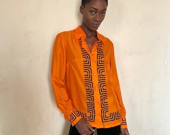 1970s Lanvin blouse, bright orange silk with black geometric print / small - medium