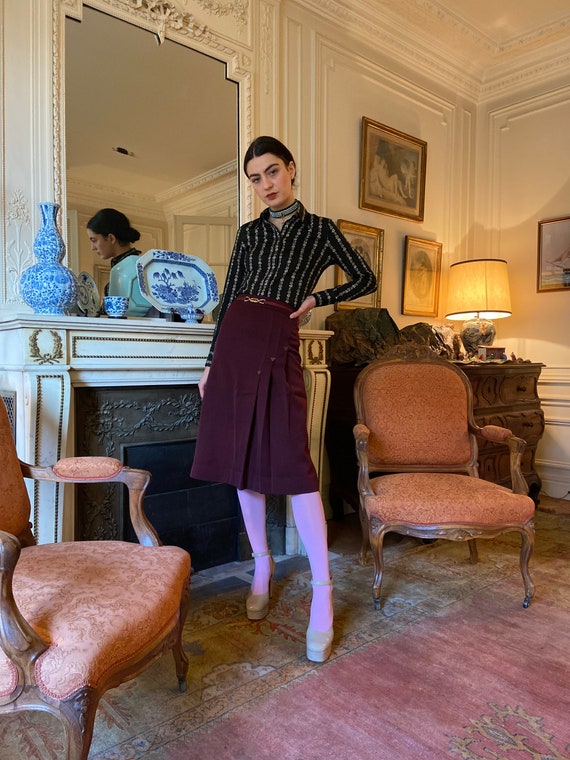 1970s Celine wine wool gabardine high waisted skir