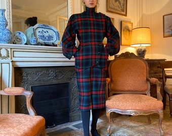 1980s Anne Marie Beretta navy & red plaid two piece, jacket and skirt set, amazing construction / small - medium