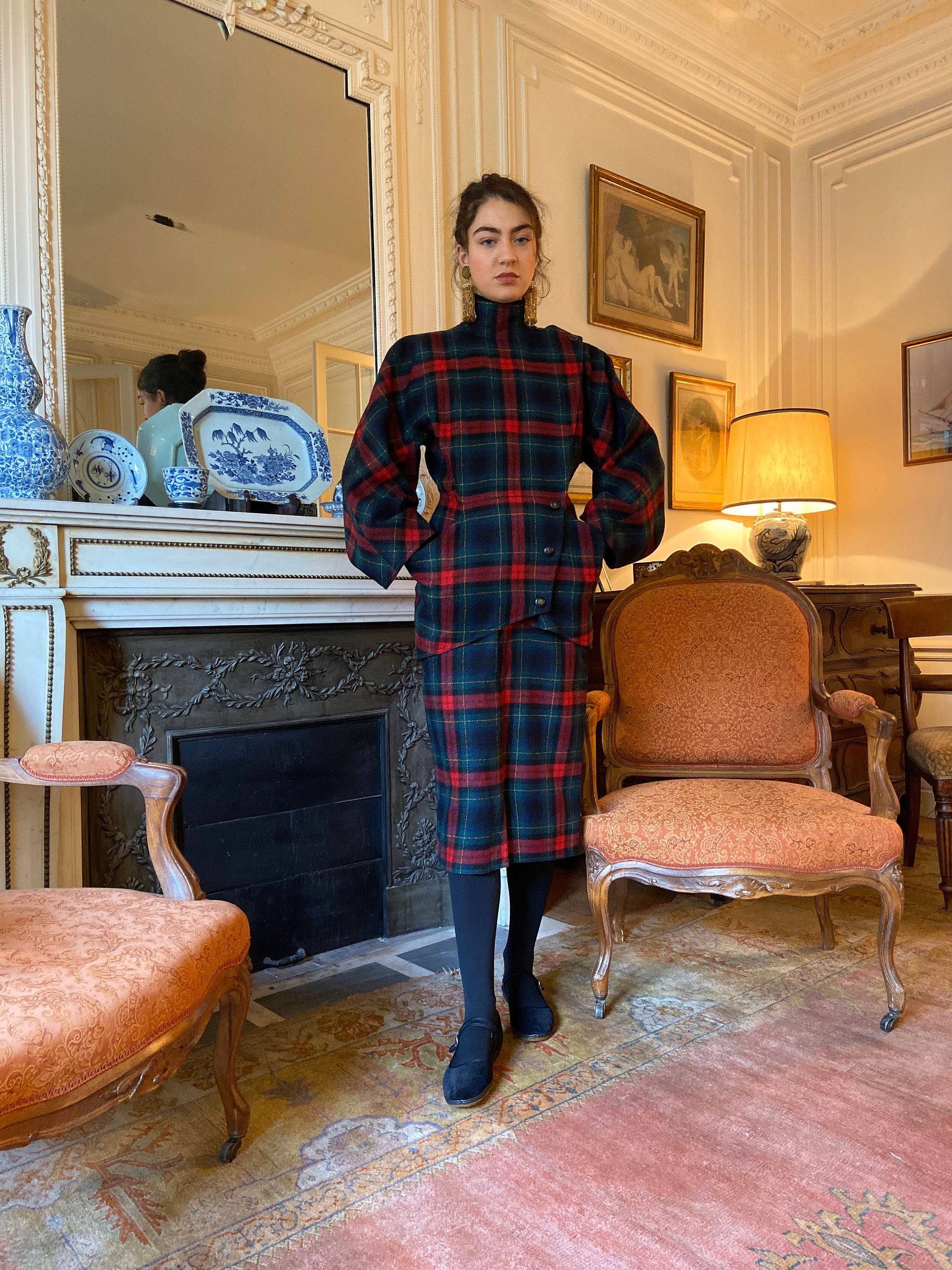 1980s Anne Marie Beretta navy & red plaid two piece, jacket and