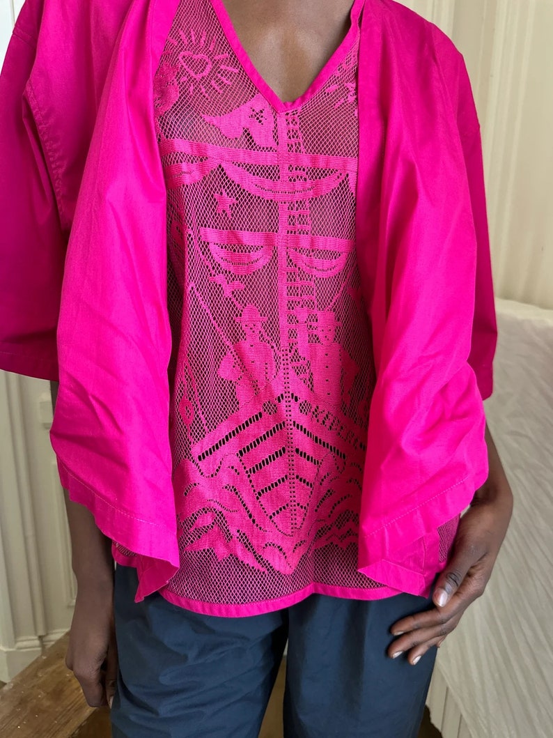 1980s Iceberg by Castelbajac blouse, orchid pink cotton and lace front panel with characters on a boat image 5