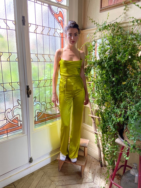 1990s Plein Sud chartreuse satin two piece, spaghe