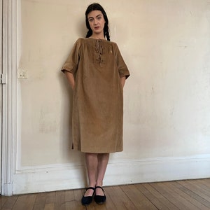 1970s Ted Lapidus brown corduroy tent dress, lace up front, logo embroidery, side pockets / small medium Bild 1