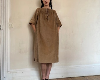1970s Ted Lapidus brown corduroy tent dress, lace up front, logo embroidery, side pockets / small - medium