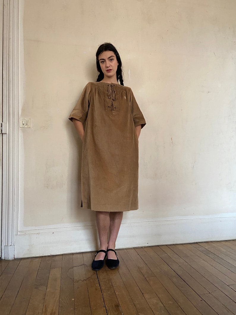 1970s Ted Lapidus brown corduroy tent dress, lace up front, logo embroidery, side pockets / small medium Bild 1