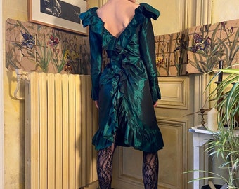 documented FW 1981 Yves Saint Laurent Rive Gauche green silk taffeta ruffled dress, ruffled, open back slit / xs - small