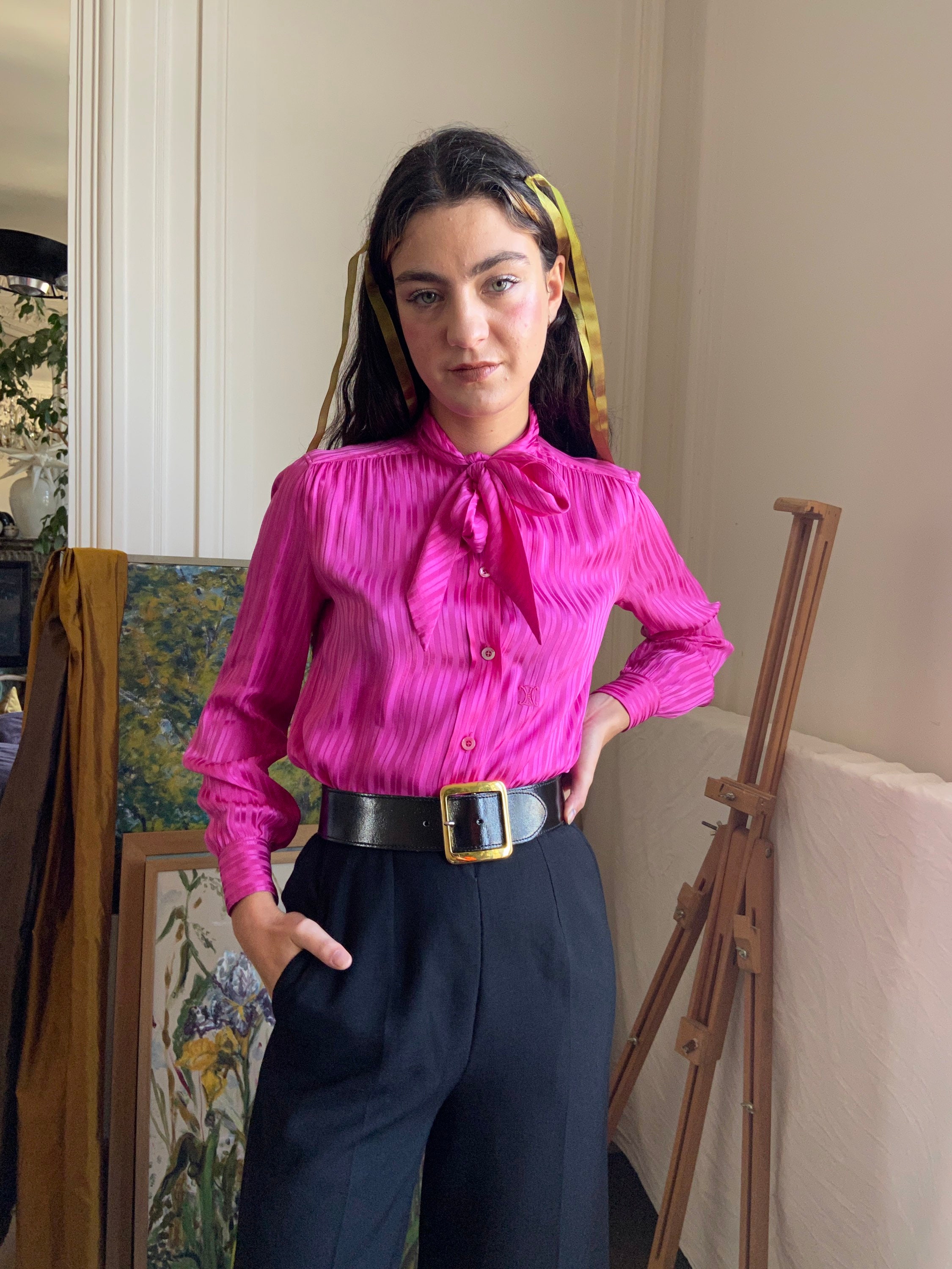 1980s Céline hot pink silk brocade stripes blouse, pussy bow collar / extra small - small 1980s Céline hot pink silk brocade stripes blouse, pussy bow collar / extra small - small