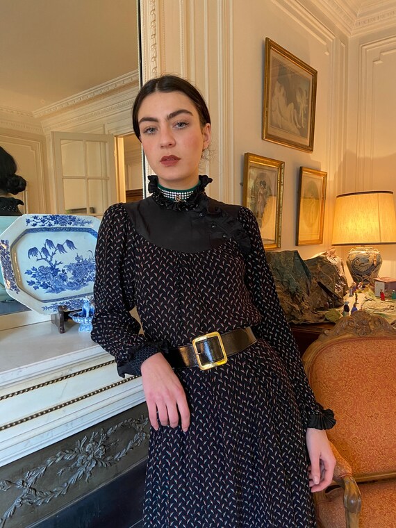 1980s ruffled high collar & cuffs black midi dress