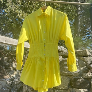 deadstock y2k Jean Paul Gaultier lemon cotton shirt, corseted waist, hooks on front, lacing on back / extra small