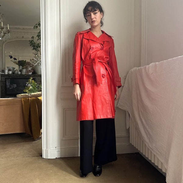 1970s Ted Lapidus bright red leather trench-coat, wide collar lapels, sash belt, double breasted