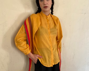 1970s Chacok lightweight yellow cotton blouse with matching shawl - scarf ric rac trims / extra small - small