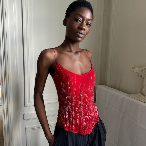 1990s Plein Sud red chiffon top with beading all over, buttoned in the back, spaghetti straps / extra small