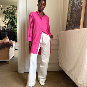 1970s Mic Mac Saint Tropez tunic, bright pink cotton, asymmetrical chest pocket / small - medium