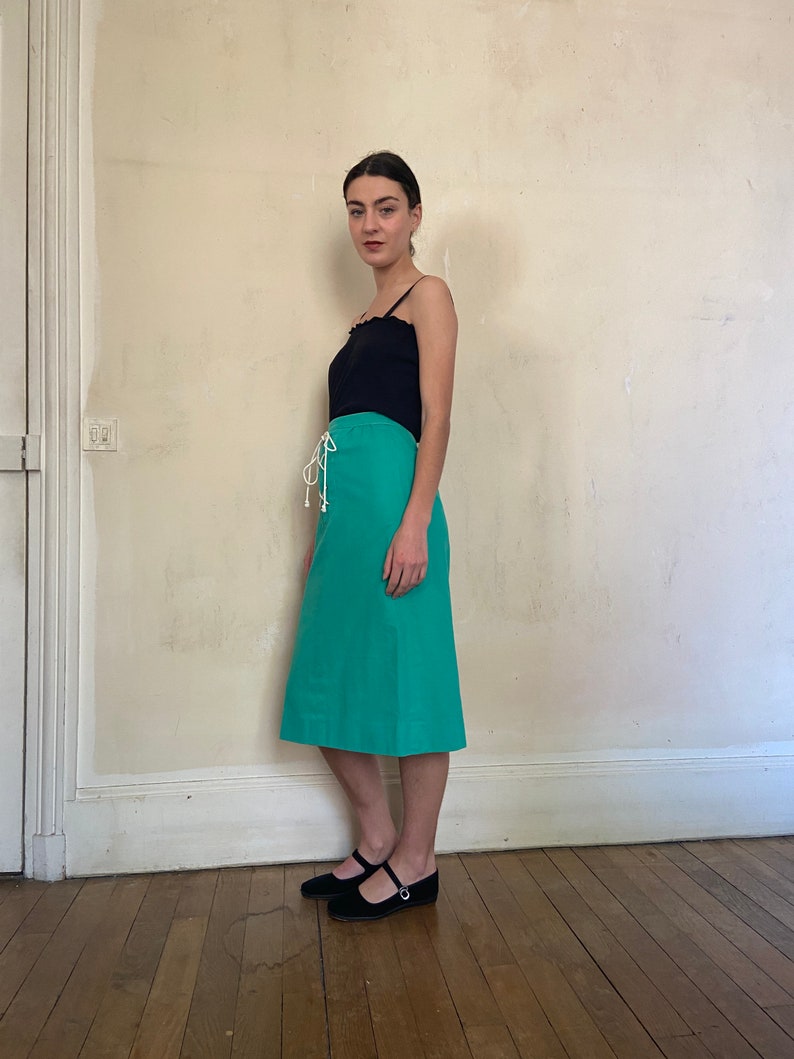 1980s Céline Sport lace up skirt, green denim, white cord / extra small small image 2