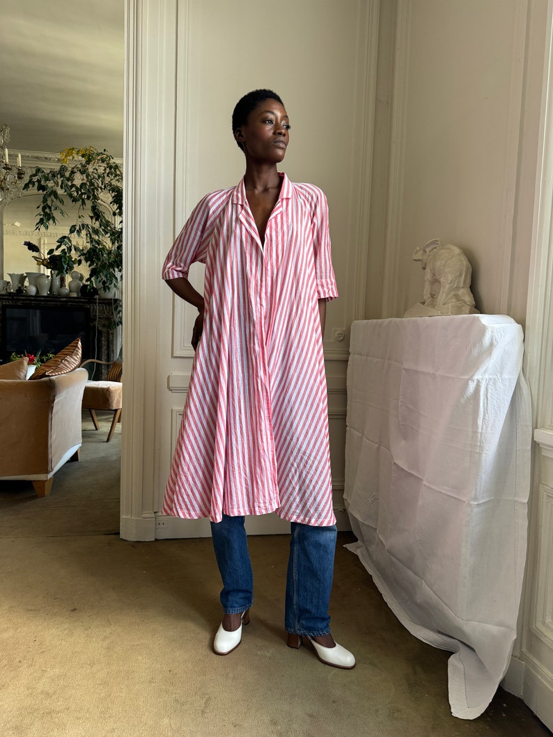 mid 1980s Kenzo open shirt, red and white striped cotton, midi length / osfm image 1