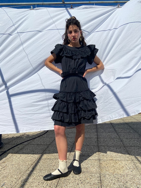 1970s Kenzo black ruffled midi dress, huge collar,