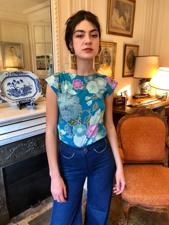 1980s Kenzo turquoise blue floral print sleeveless
