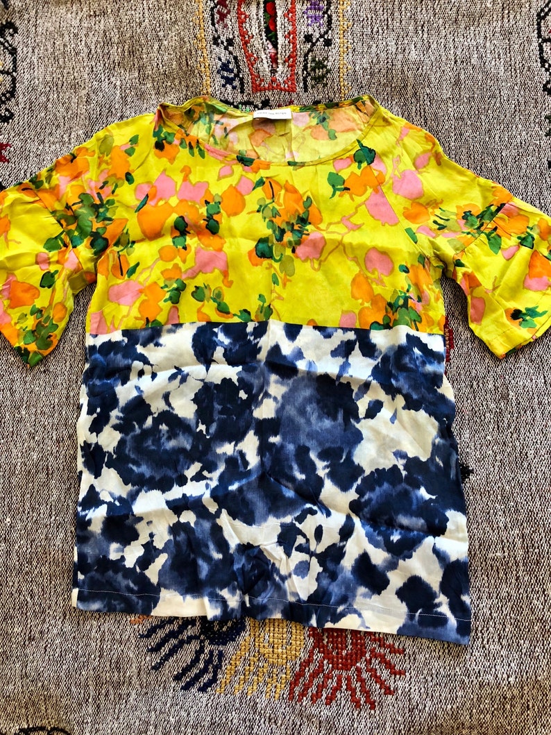 Dries Van Noten beautiful & colorful silk top, 2 different floral patterns screen printed / xsmall small image 7