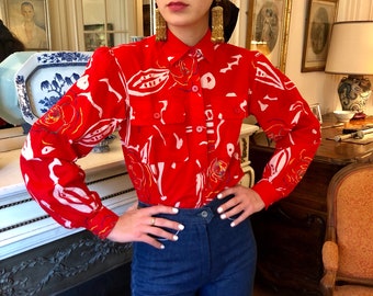 1980s Yves Saint Laurent Rive Gauche bright red cotton blouse, floral print, big pockets / small - medium