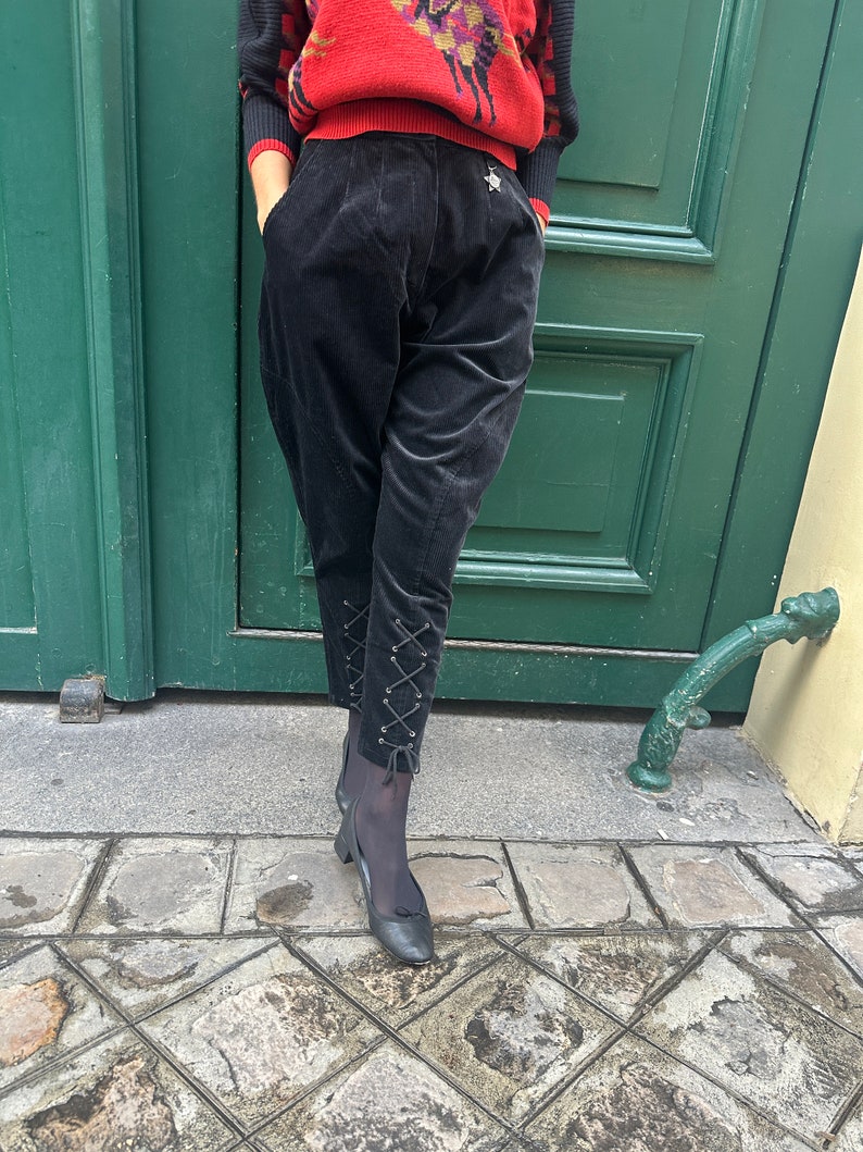 1980s Chantal Thomass jodhpur pants, black corduroy, high waisted, side pockets, cord lacing / small medium image 4