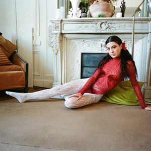 FW 1991 Azzedine Alaïa ruby red leopard lace and velvet appliqués bodysuit, collector piece
