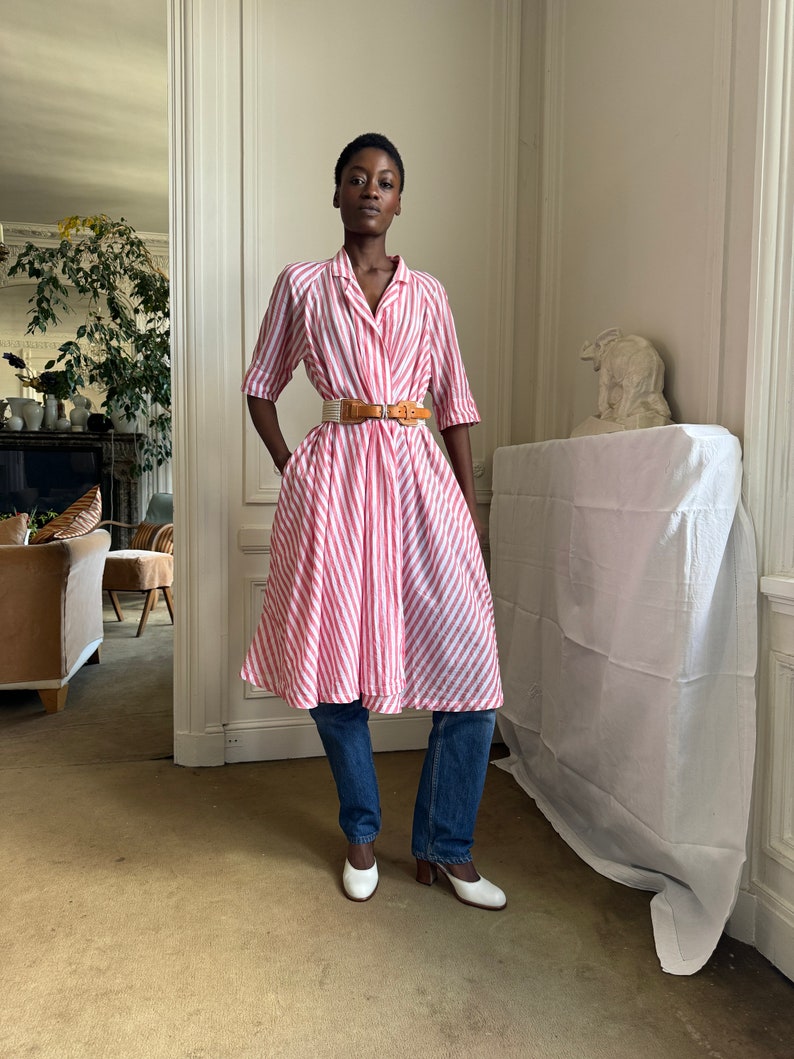 mid 1980s Kenzo open shirt, red and white striped cotton, midi length / osfm image 5