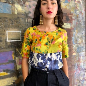 Dries Van Noten beautiful & colorful silk top, 2 different floral patterns screen printed / xsmall - small