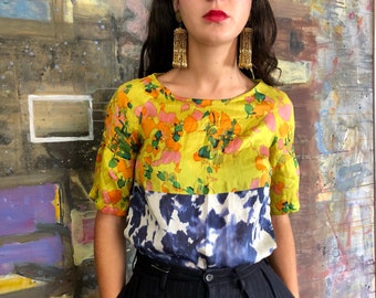 Dries Van Noten beautiful & colorful silk top, 2 different floral patterns screen printed / xsmall - small