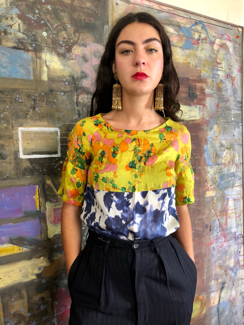 Dries Van Noten beautiful & colorful silk top, 2 different floral patterns screen printed / xsmall small image 1