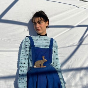 1940s 1950s handmade blue corduroy pinafore dress, rabbit chenille patch on bib / extra small image 6