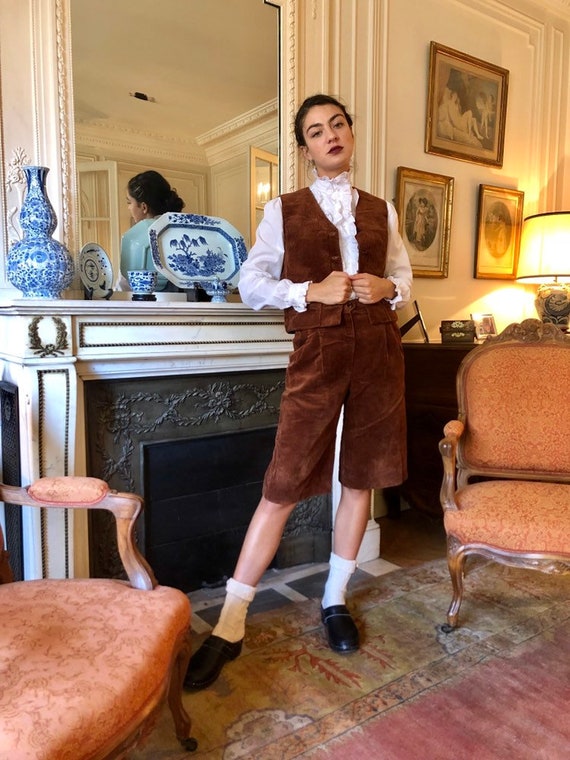 1970s two piece brown corduroy vest & shorts, pock