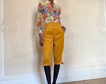 1980s french boutique label Philippe Adec knickers, mustard corduroy, high waisted, pockets, metal buckles at bottom / extra small - small